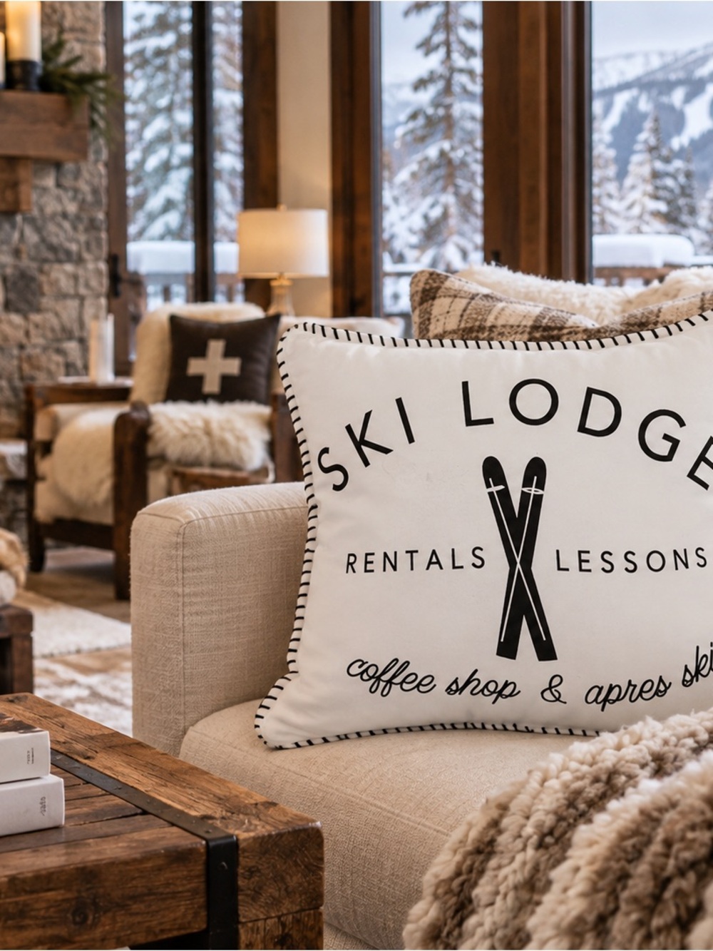 Ski Lodge Decorative REVERSIBLE Throw Pillow Black & White